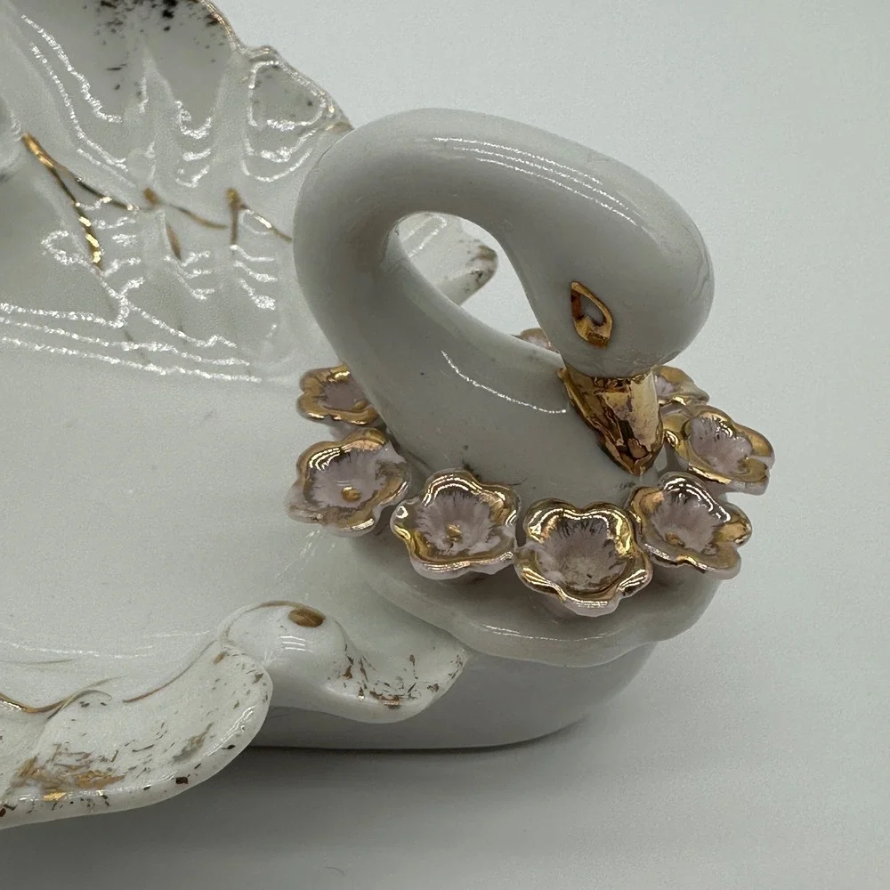Vintage Lefton China Hand Painted Swan Trinket Dish Gold Trim Pink Flowers 954A